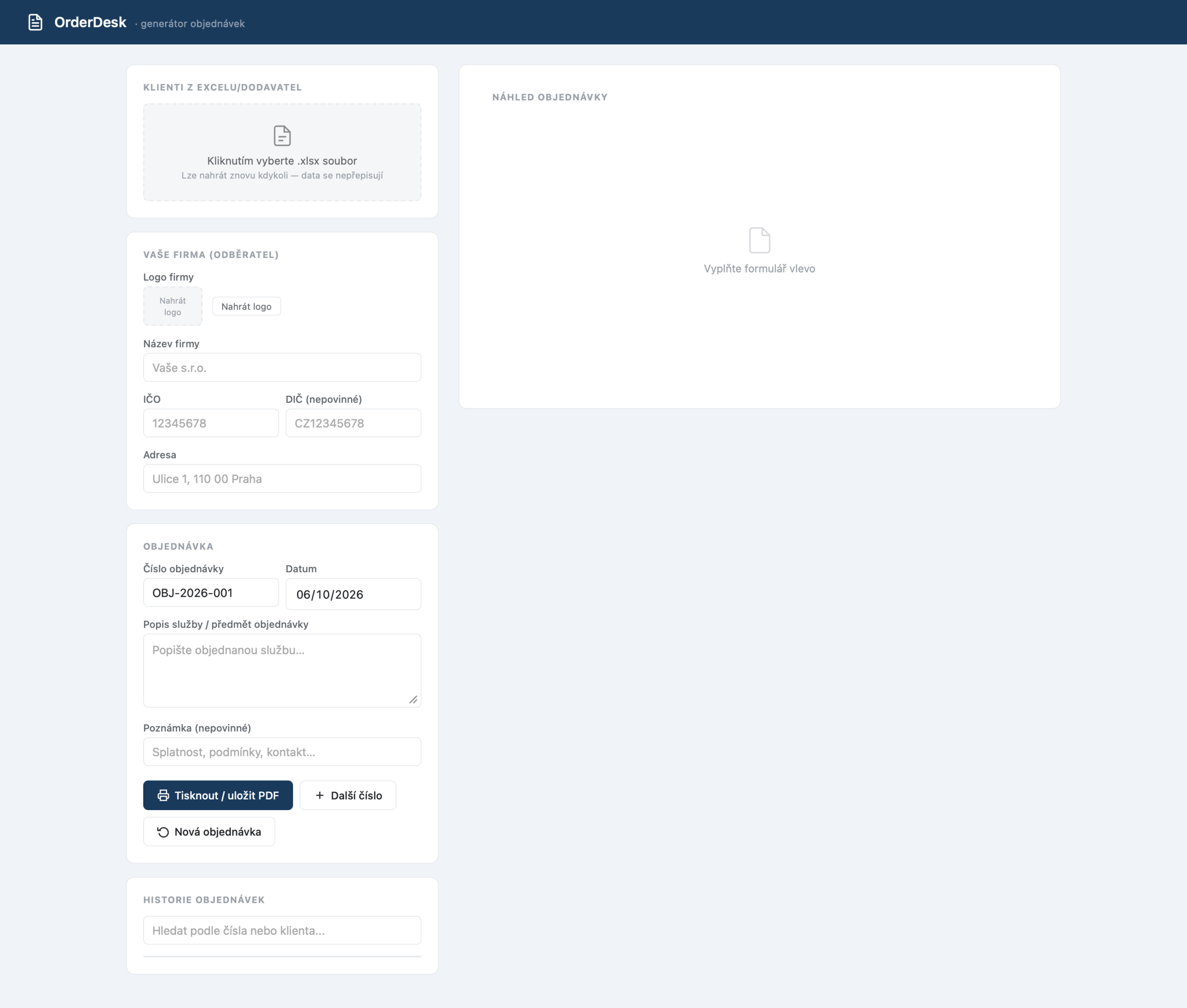 Customizovaná aplikace na vytváření objednávek